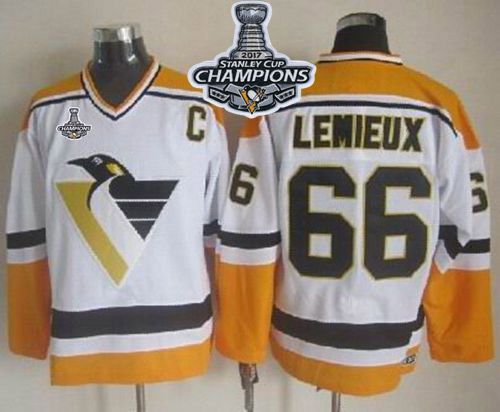 Penguins #66 Mario Lemieux White/Yellow CCM Throwback Stanley Cup Finals Champions Stitched NHL Jersey
